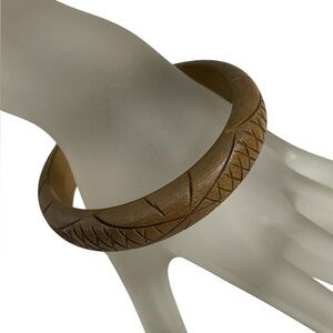 Vintage Boho Carved Wood Tribal 3” Bangle Bracelet Primitive Jewelry
